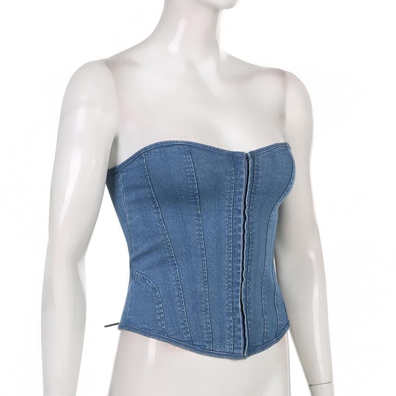 Denim lace up back heart neck tube top – image 3