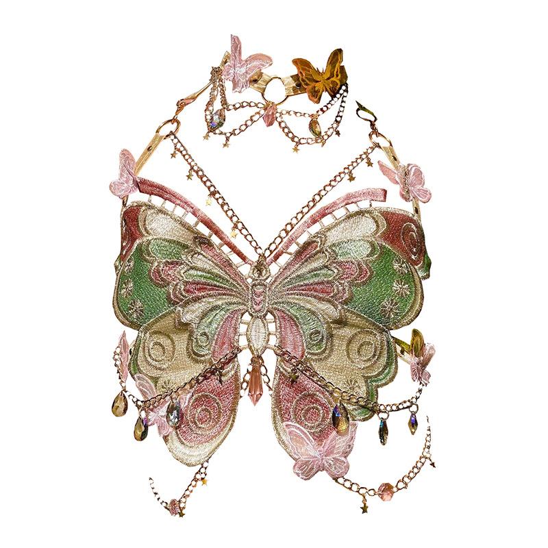 Butterfly embroidery metal chain halter top with choker – image 14