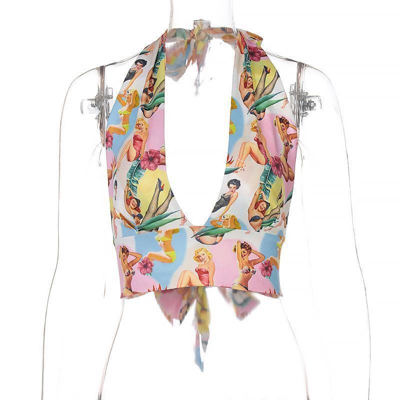 Backless bowknot halter printed top – image 3