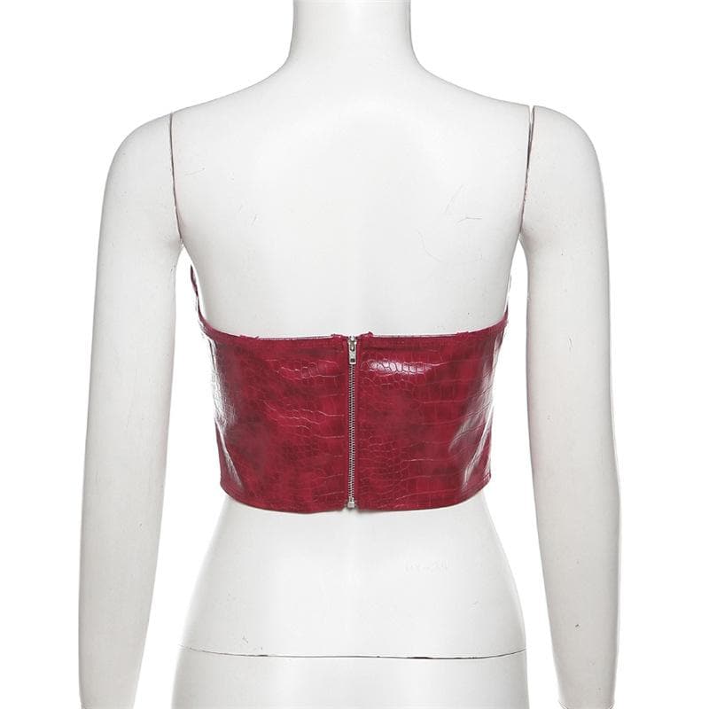 PU leather buckle backless zip-up crop tube top – image 5