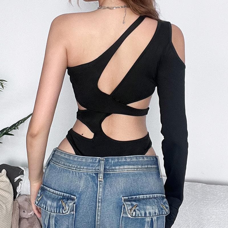 Hollow out irregular one shoulder solid gloves bodysuit – image 5