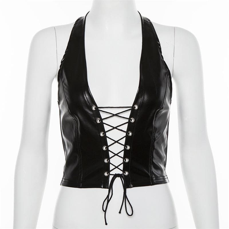Lace up front halter backless PU leather top – image 4