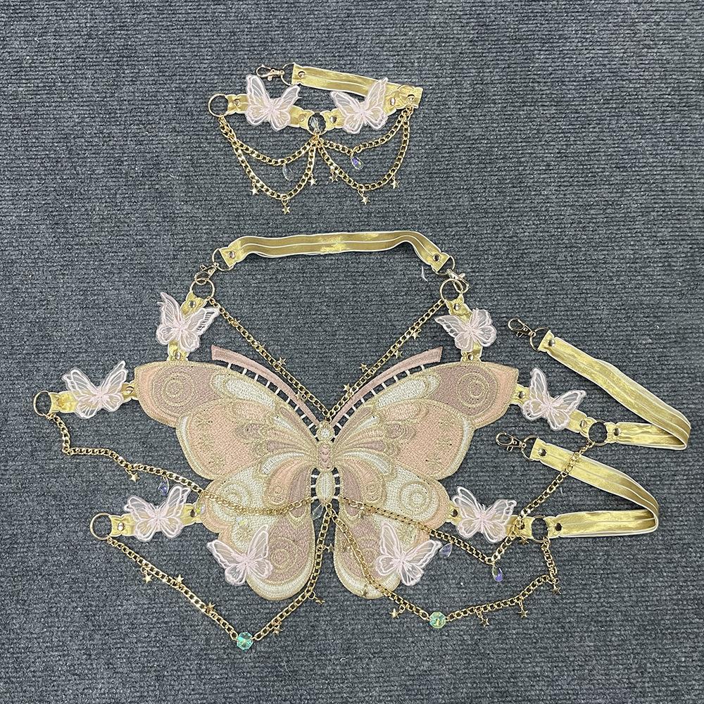 Butterfly embroidery metal chain halter top with choker – image 19