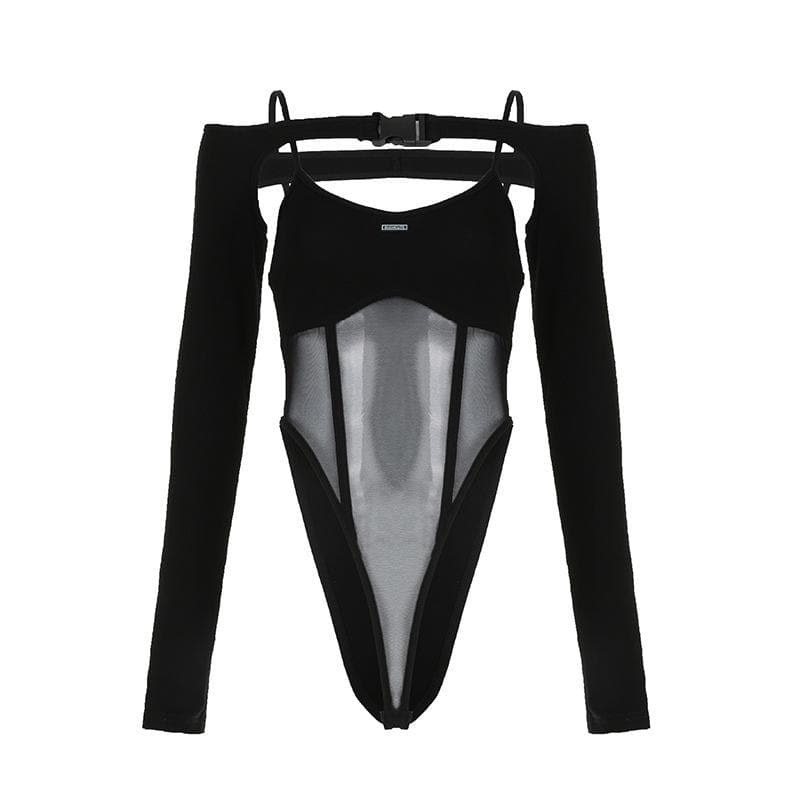 Buckle mesh off shoulder long sleeve solid shrug 2 piece bodysuit – image 7