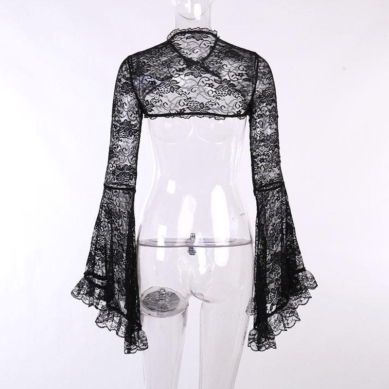 Solid flared sleeve lace hem button hollow out shrug cut out top – image 5