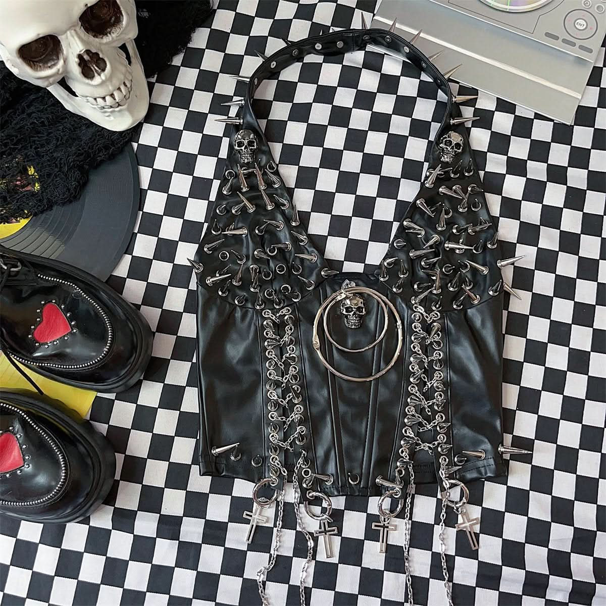 Halter PU leather o ring rivet applique metal chain top – image 5