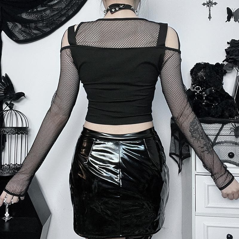 Fishnet patchwork off shoulder buckle long sleeve crop top – image 5