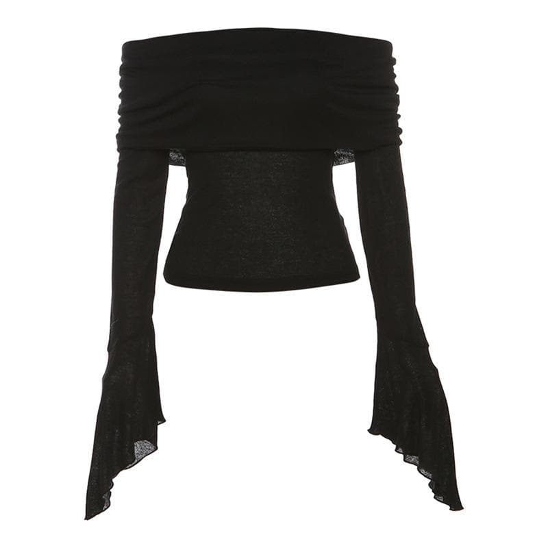 Ruched solid off shoulder long flared sleeve top – image 2