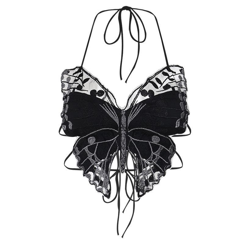 Butterfly pattern embroidery halter self tie backless crop top – image 2