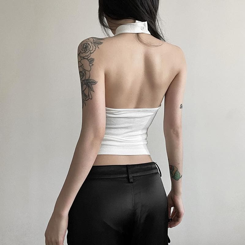 Cowl neck halter solid backless button sleeveless top – image 6