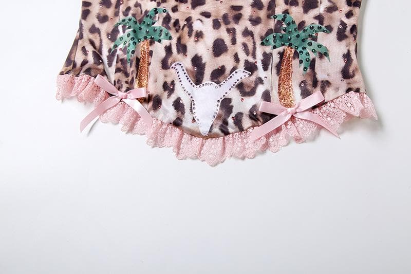 Bowknot leopard print lace hem backless tube top – image 7