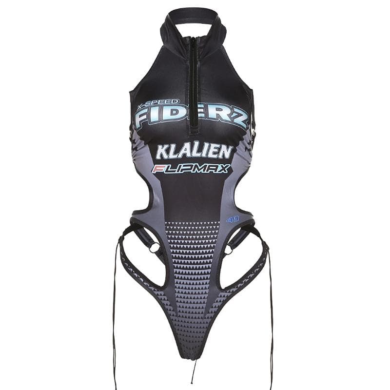 Sleeveless hollow out contrast print halter backless bodysuit – image 4