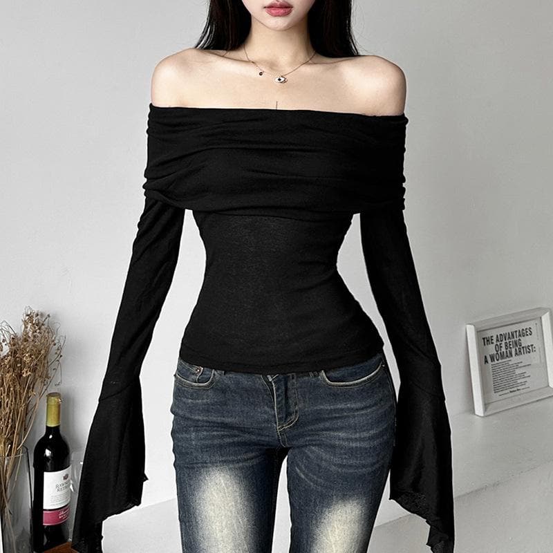 Ruched solid off shoulder long flared sleeve top – image 3