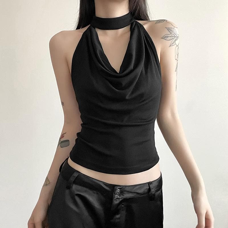 Cowl neck halter solid backless button sleeveless top – image 3