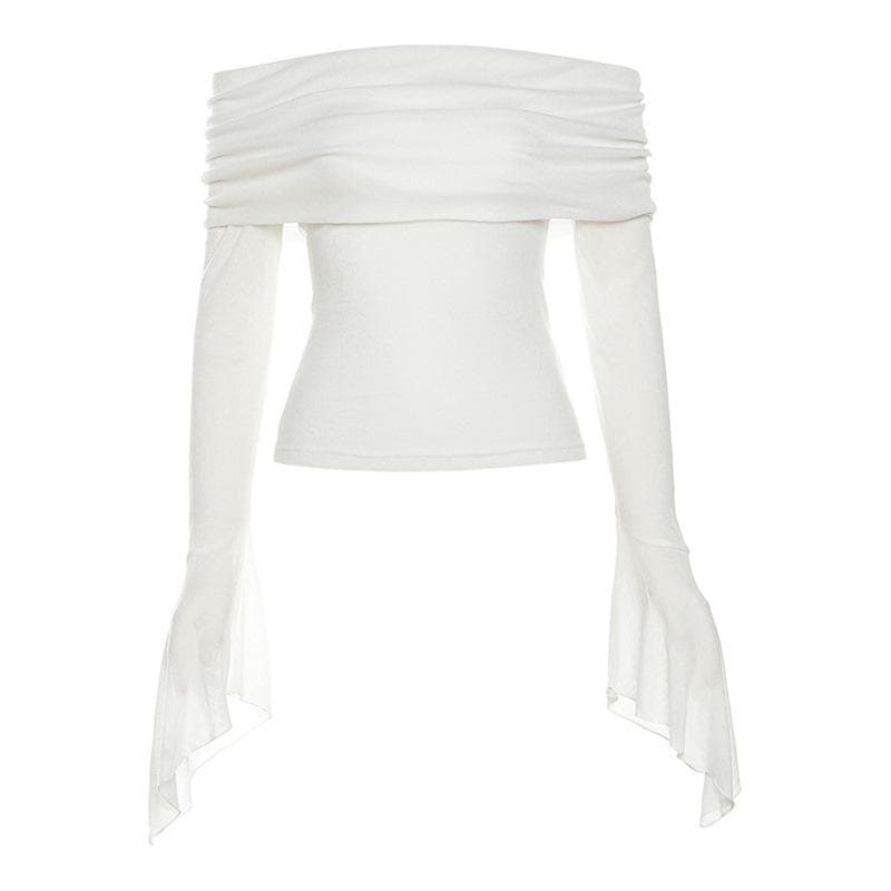 Ruched solid off shoulder long flared sleeve top – image 4