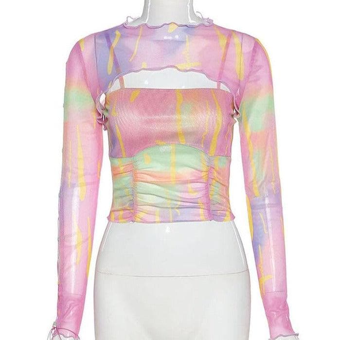 Long sleeve ruffled hollow out mesh cut out top – image 3