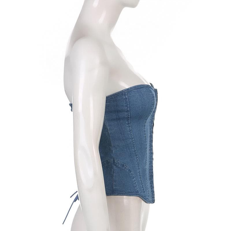 Denim lace up back heart neck tube top – image 4