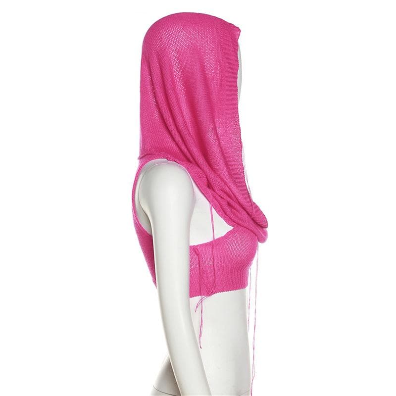 Solid sleeveless knitted stitch hoodie crop top – image 11