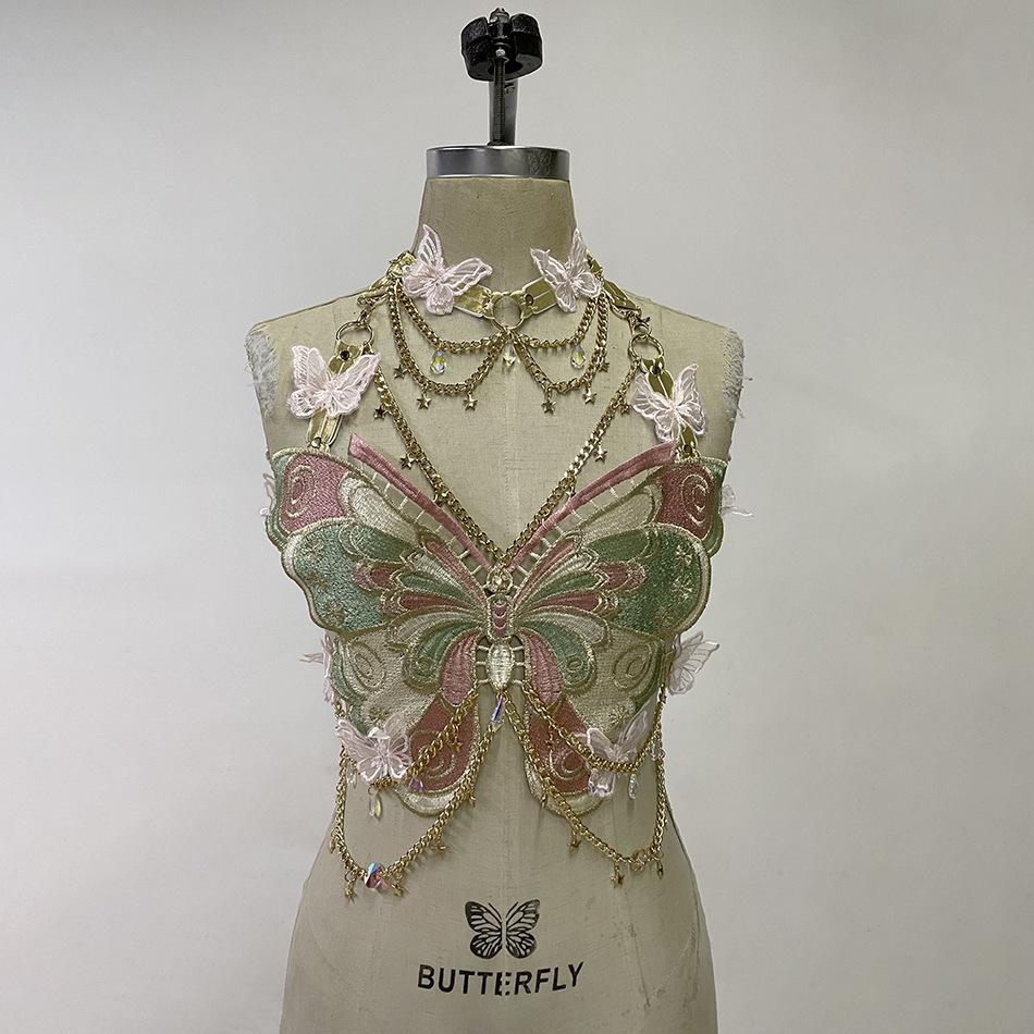 Butterfly embroidery metal chain halter top with choker – image 20
