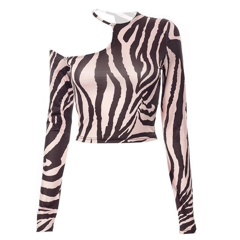 Long sleeve off shoulder zebra print crop top – image 2