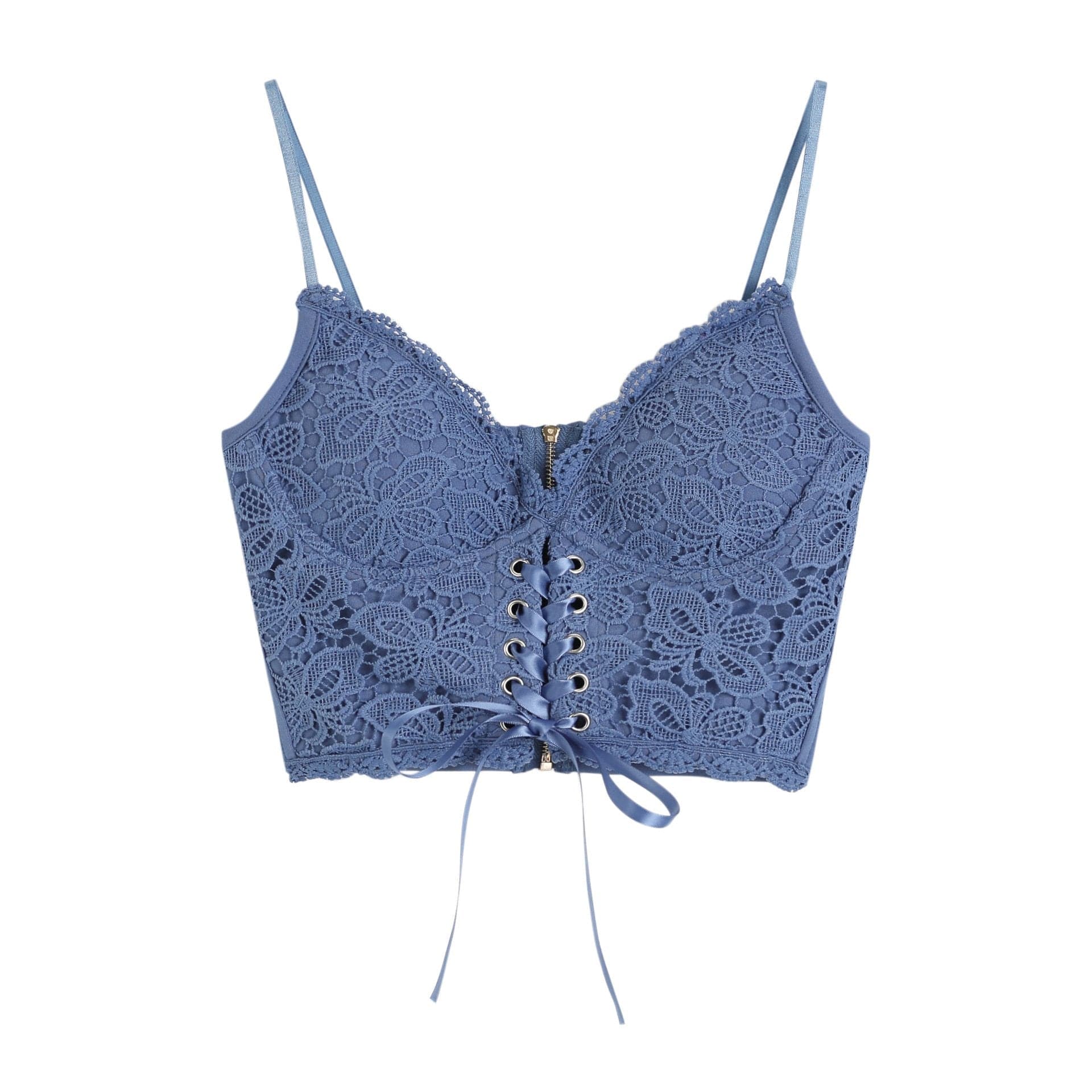V neck heart neck solid lace up zip-up lace hem cami top – image 5