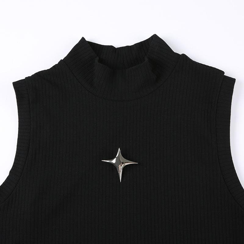 Star applique irregular sleeveless high neck crop top – image 4