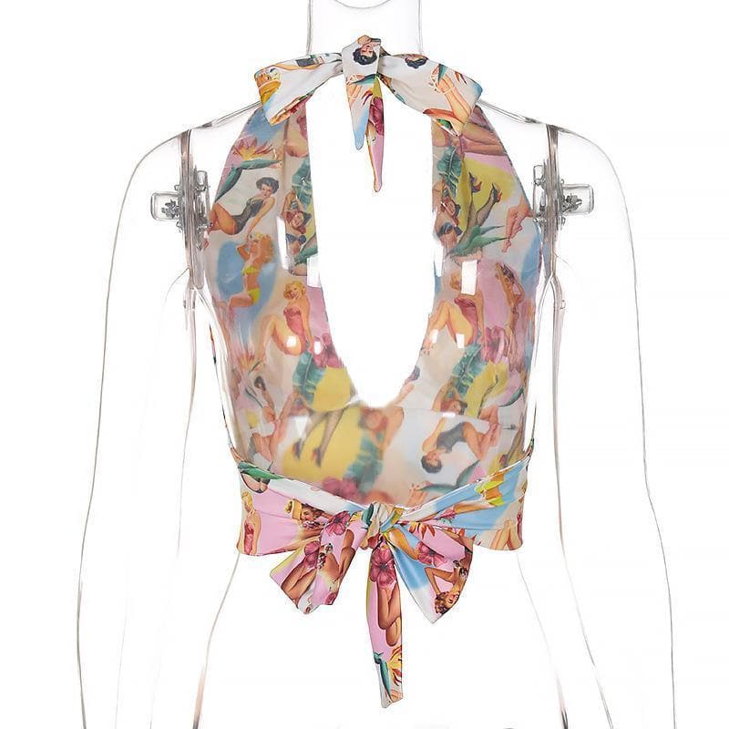 Backless bowknot halter printed top – image 5