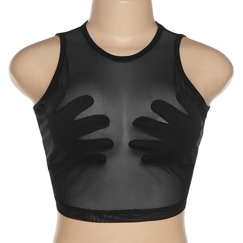 Sheer mesh see through palm embroidered crewneck crop top – image 3
