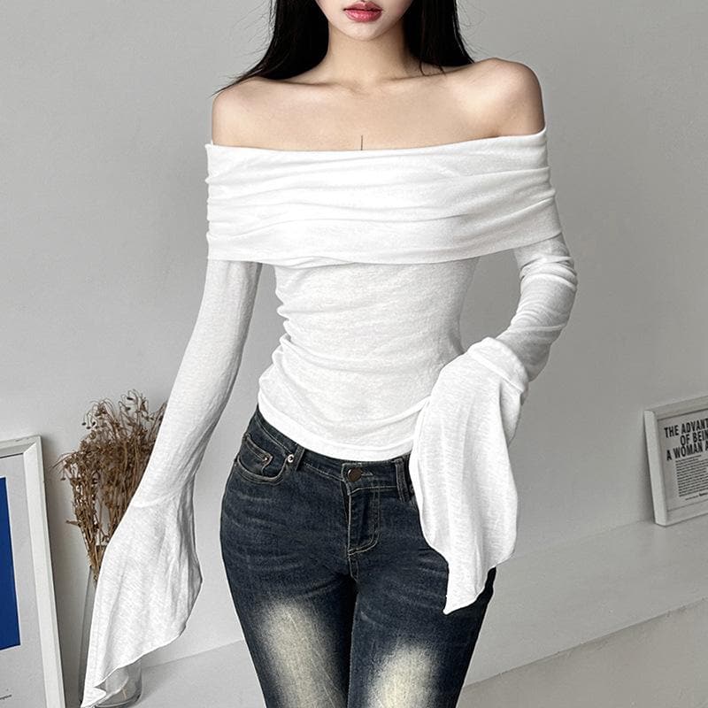 Ruched solid off shoulder long flared sleeve top – image 5
