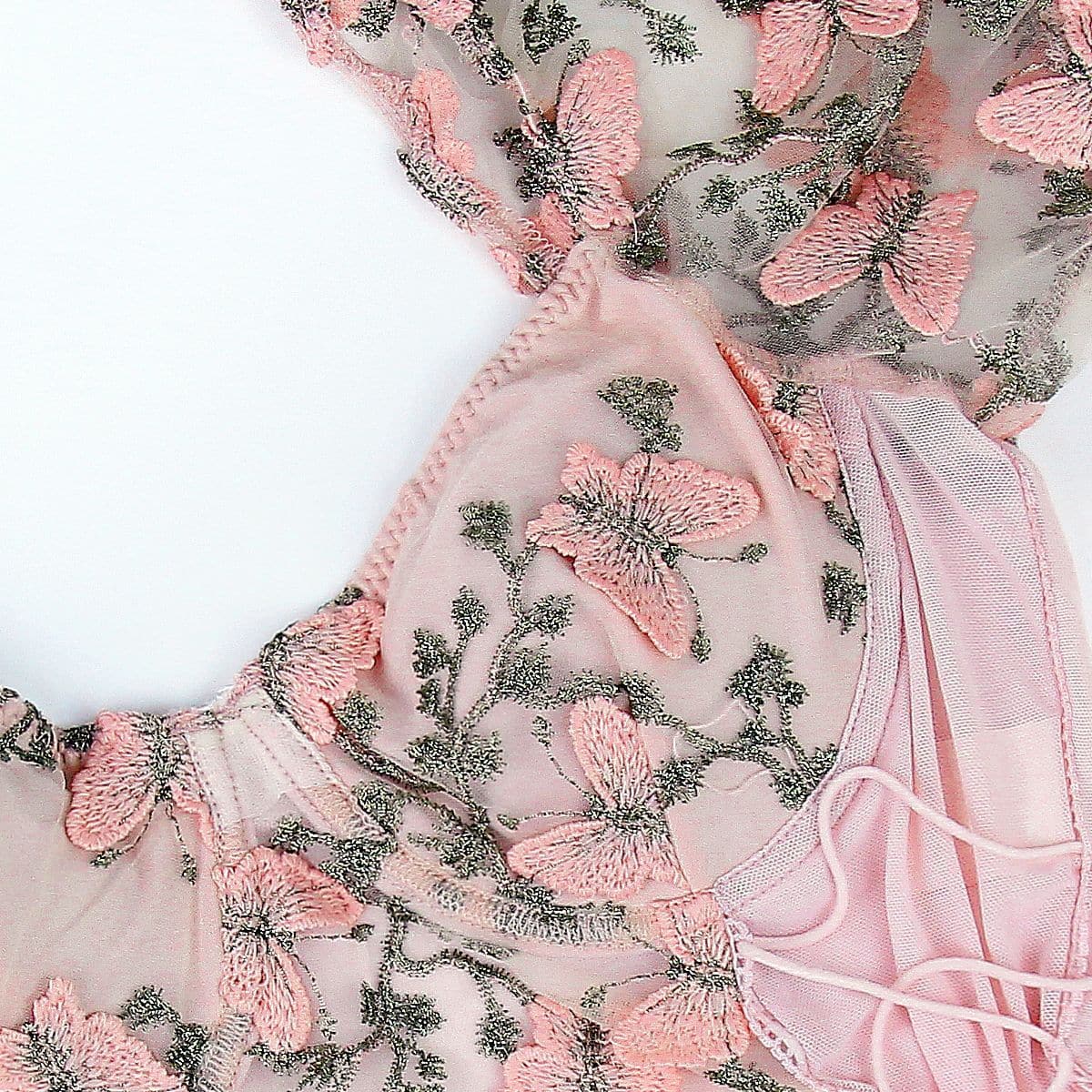 Butterfly embroidery drawstring mesh lace up bustier crop top – image 10