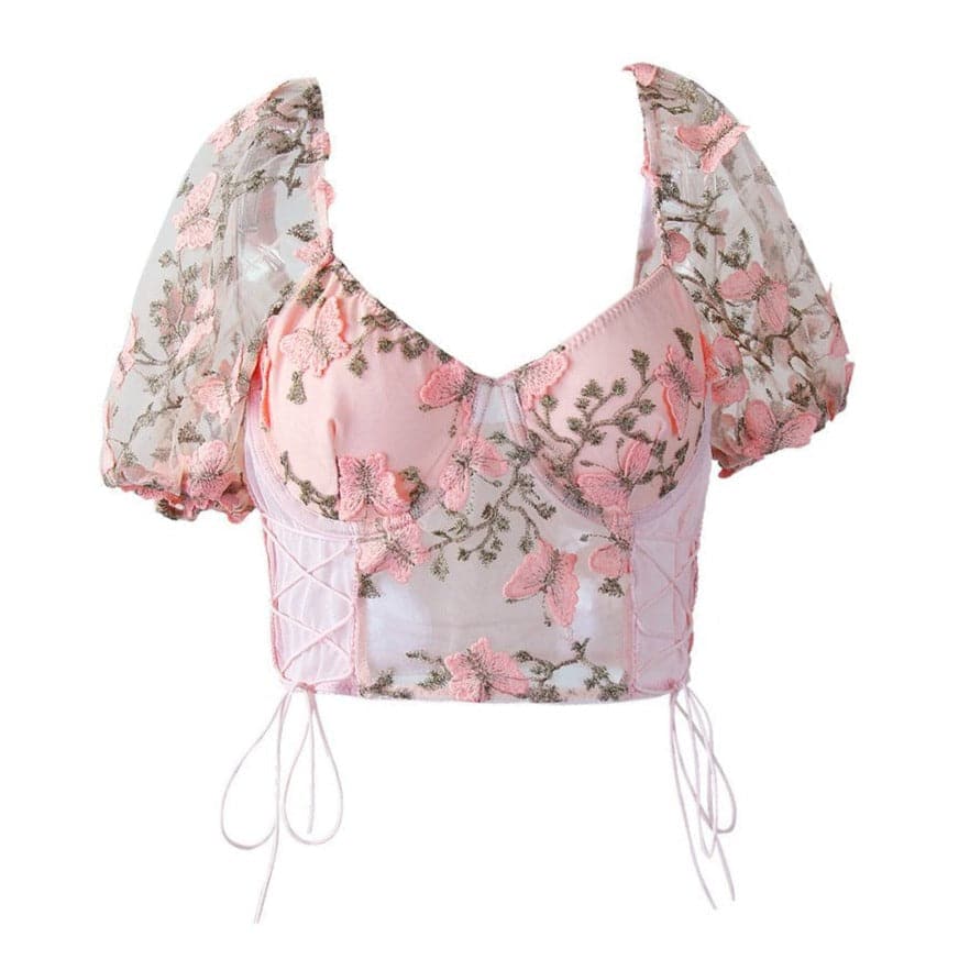 Butterfly embroidery drawstring mesh lace up bustier crop top – image 7