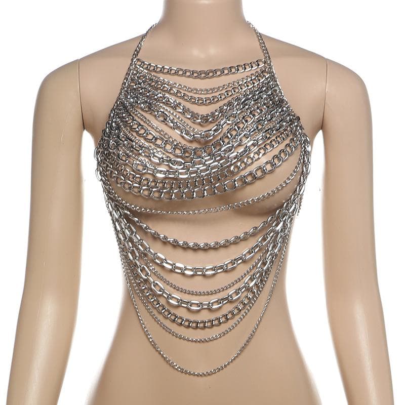 Halter layered metal chain hollow out backless cut out top – image 4