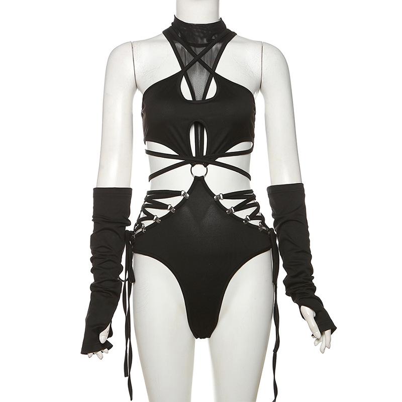High neck o ring hollow out lace up gloves bodysuit – image 11