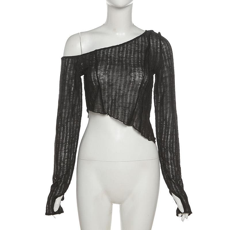 Long sleeve one off shoulder see through ruffled top – image 5