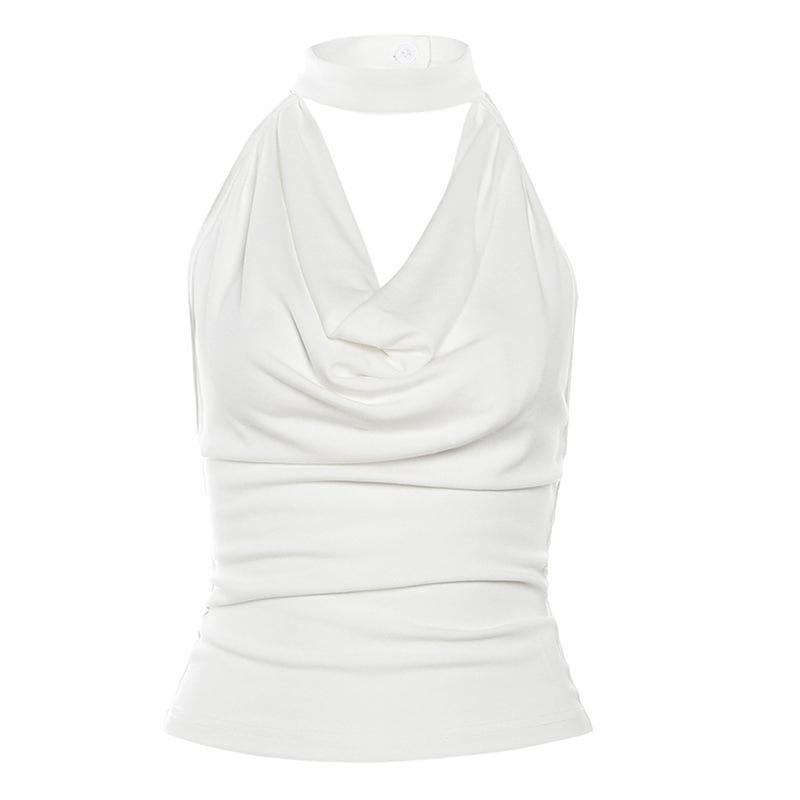 Cowl neck halter solid backless button sleeveless top – image 5