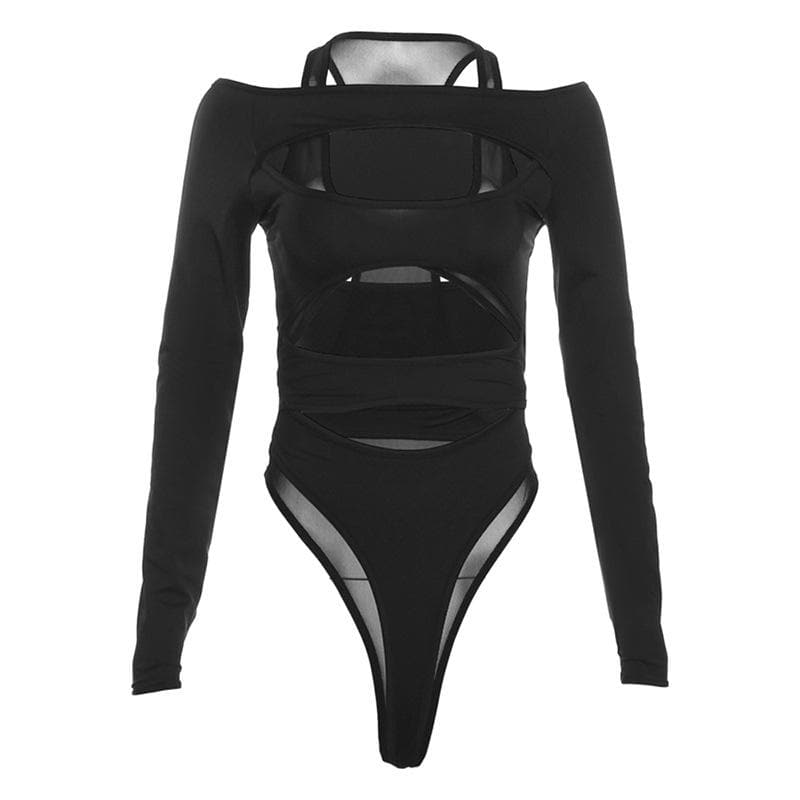 Hollow out solid long sleeve off shoulder mesh bodysuit – image 4