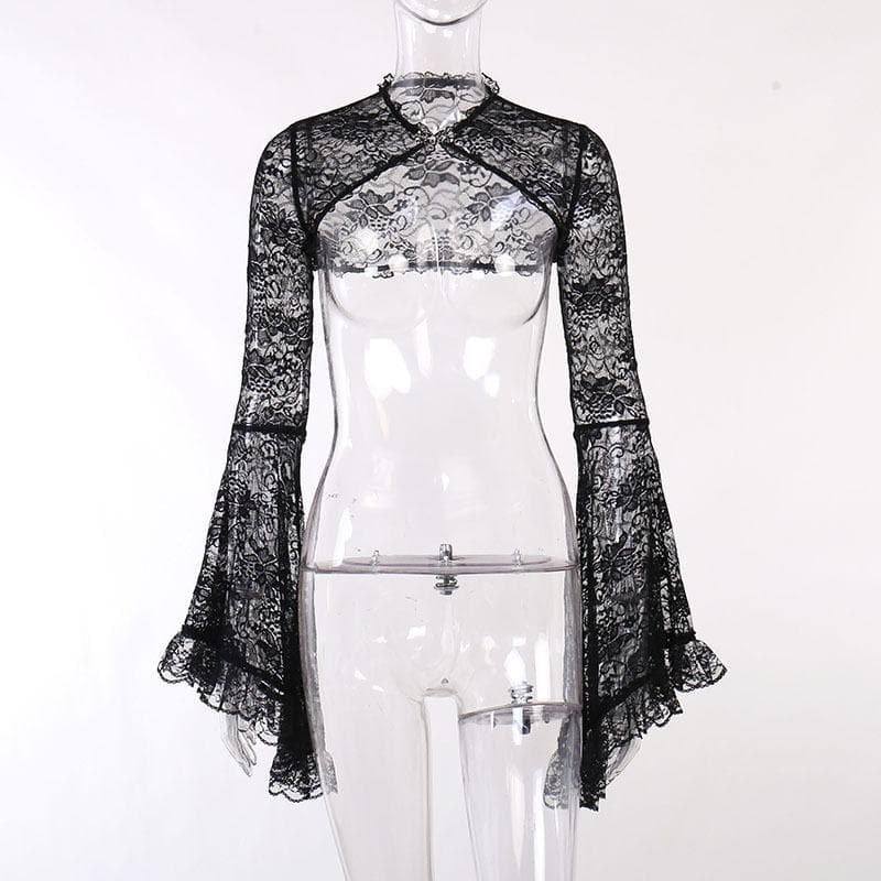 Solid flared sleeve lace hem button hollow out shrug cut out top – image 3