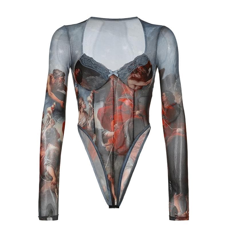 Abstract contrast mesh long sleeve lace hem bodysuit – image 4