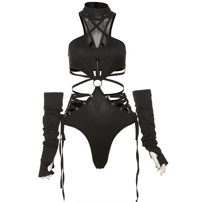 High neck o ring hollow out lace up gloves bodysuit – image 10