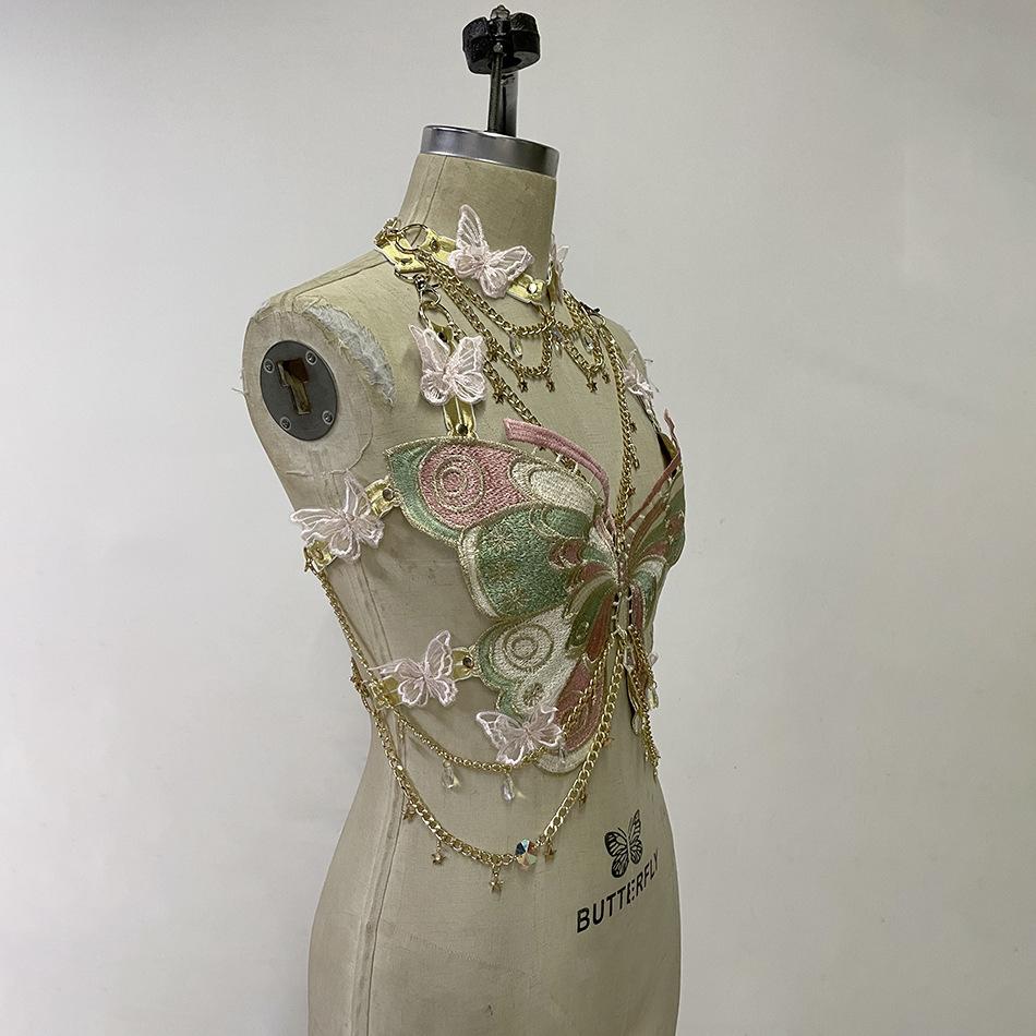 Butterfly embroidery metal chain halter top with choker – image 21