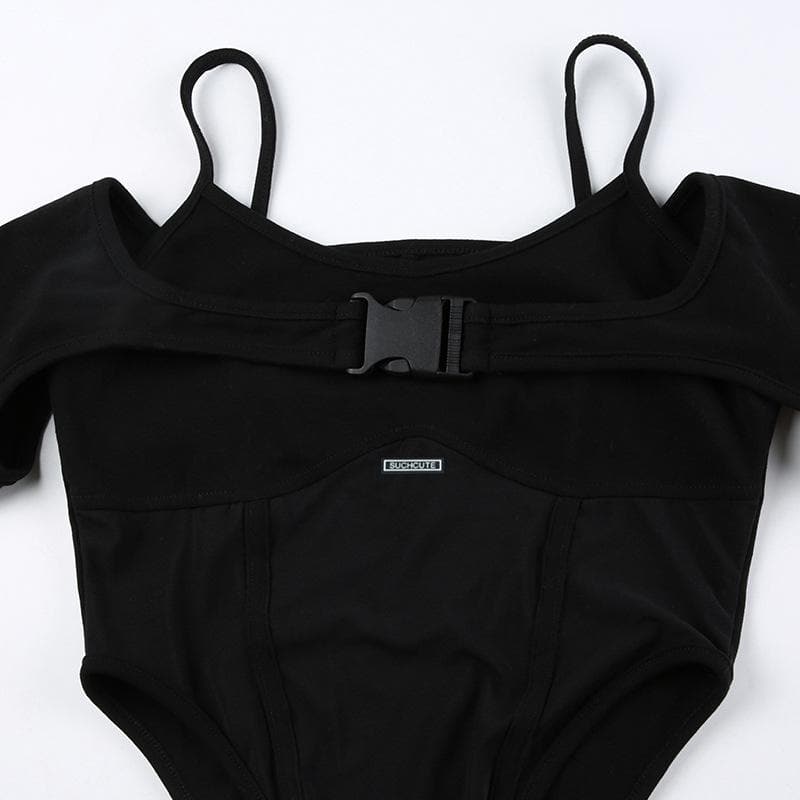 Buckle mesh off shoulder long sleeve solid shrug 2 piece bodysuit – image 8
