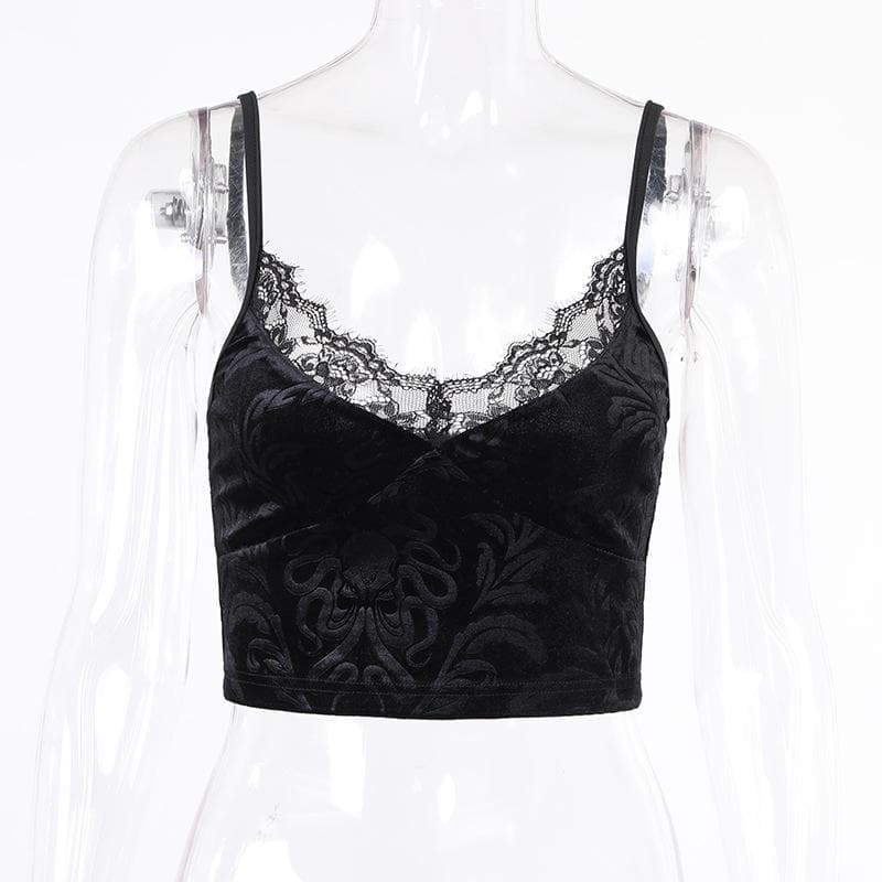 Velvet pattern eyelash lace v neck cami top – image 3