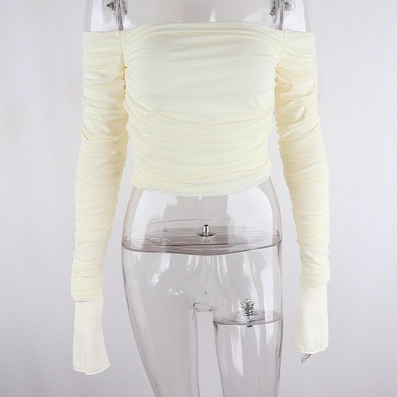 Double layered mesh off shoulder ruched long sleeve solid crop top – image 9