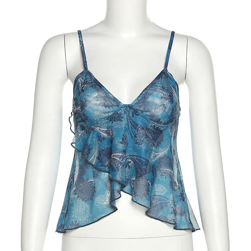 Sheer mesh see through v neck ruffle backless cami crop top – image 5