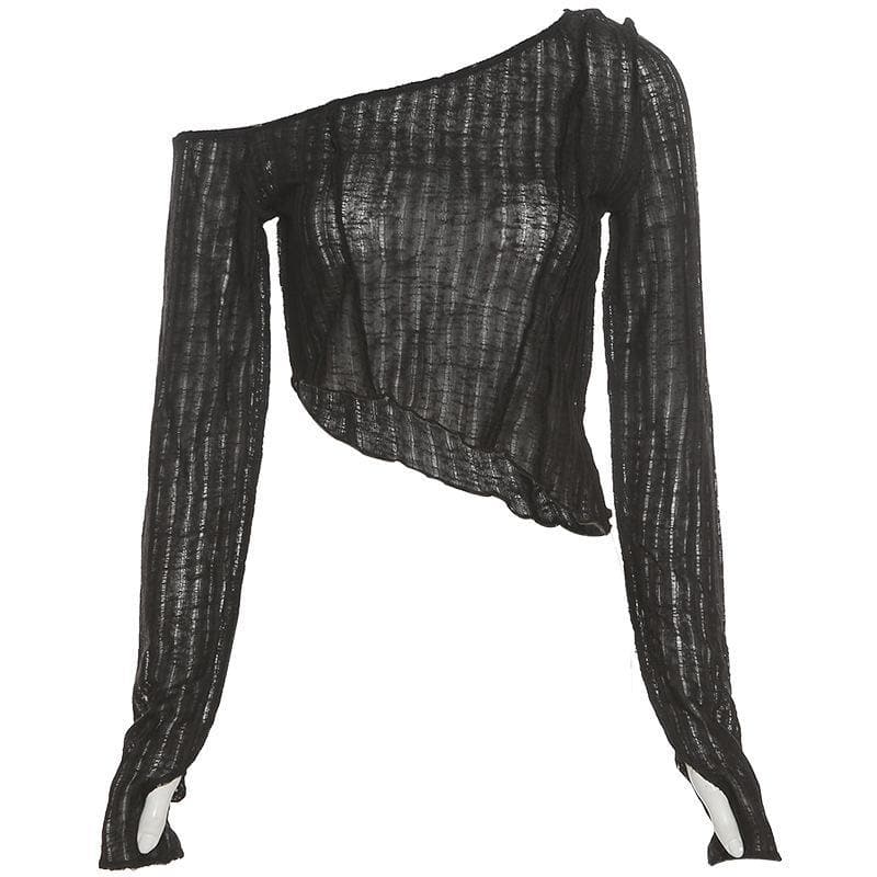 Long sleeve one off shoulder see through ruffled top – image 2