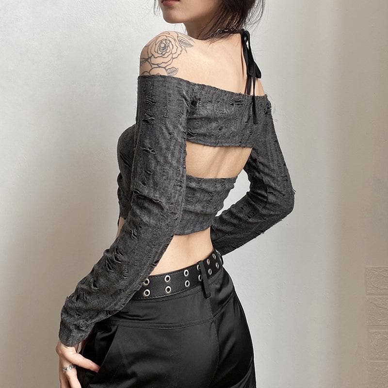 Ruched drawstring long sleeve halter slit off shoulder 2 piece top – image 5