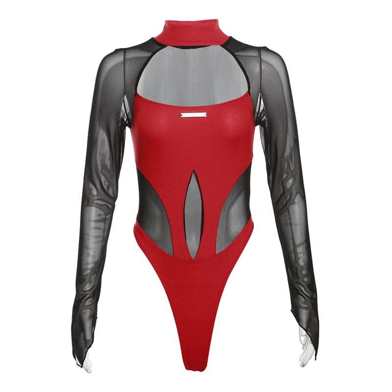 Hollow out mesh patchwork long sleeve contrast bodysuit – image 6