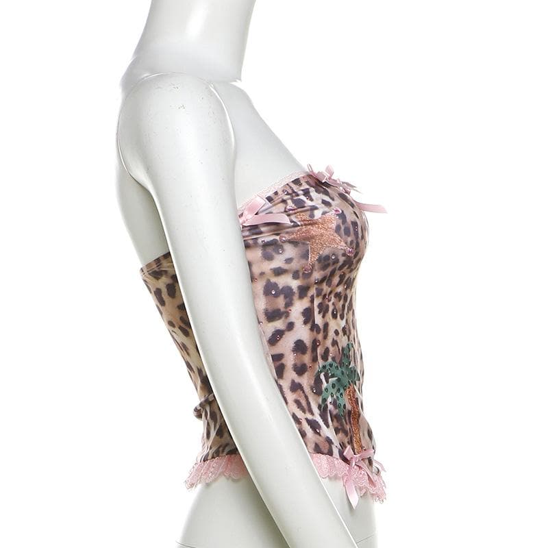 Bowknot leopard print lace hem backless tube top – image 4