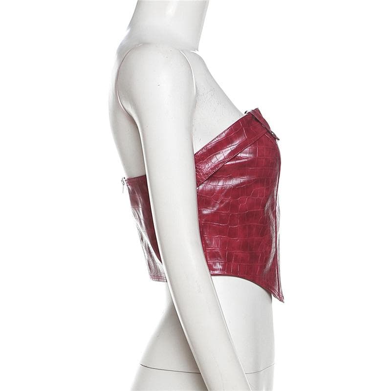 PU leather buckle backless zip-up crop tube top – image 4