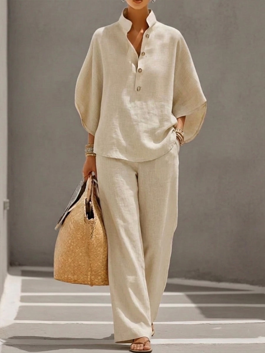 The Beckham Set – Cotton-linen set with batwing sleeves and wide-leg trousers – image 2